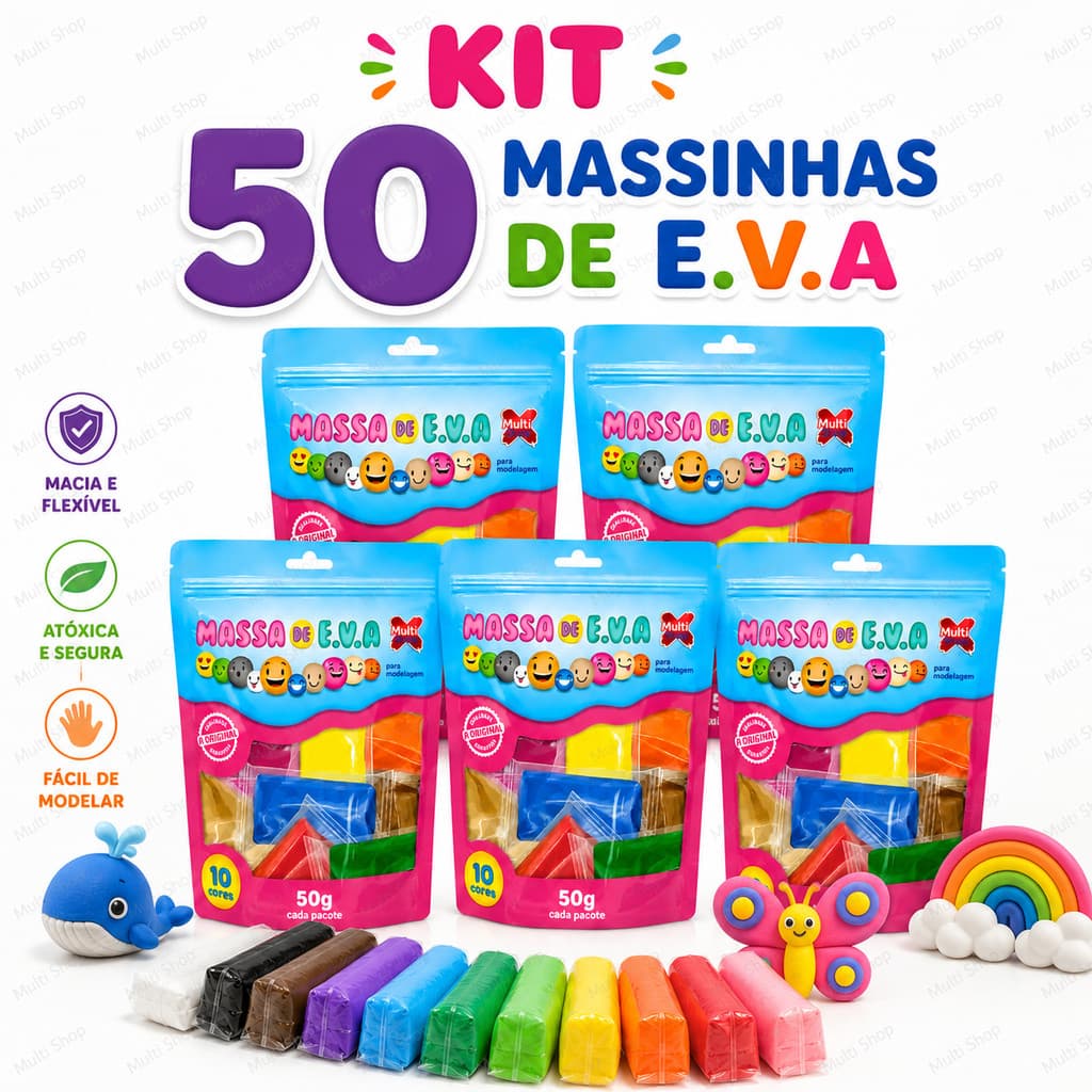Kit 50 Massas de E.V.A 50g Coloridas 10 Cores para Modelagem Escolar Artesanato