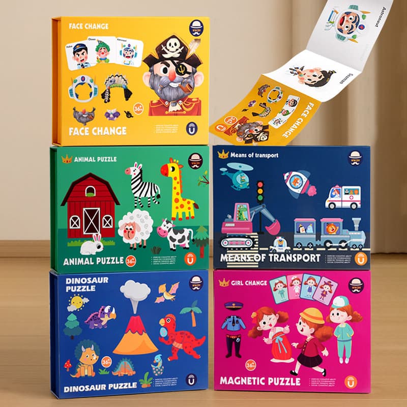 Caixa de Presente Educacional Infantil com Cenários de Desenhos Animados, Brinquedo de Quebra-Cabeça com Adesivos Magnét