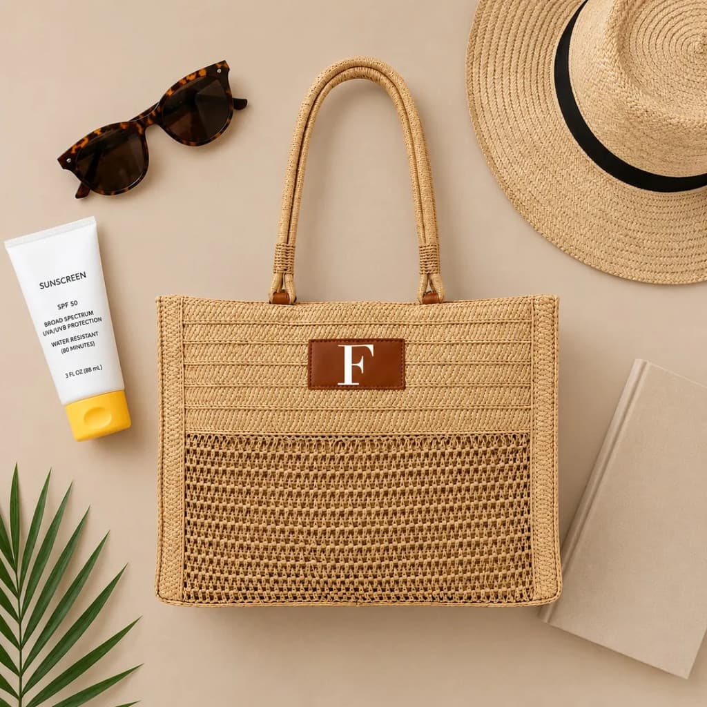 Bolsa Feminina Palha Grande Personalizada com Inicial Modelo Elegante Palha Top Casual Espaçoso para Uso Diário e Praia