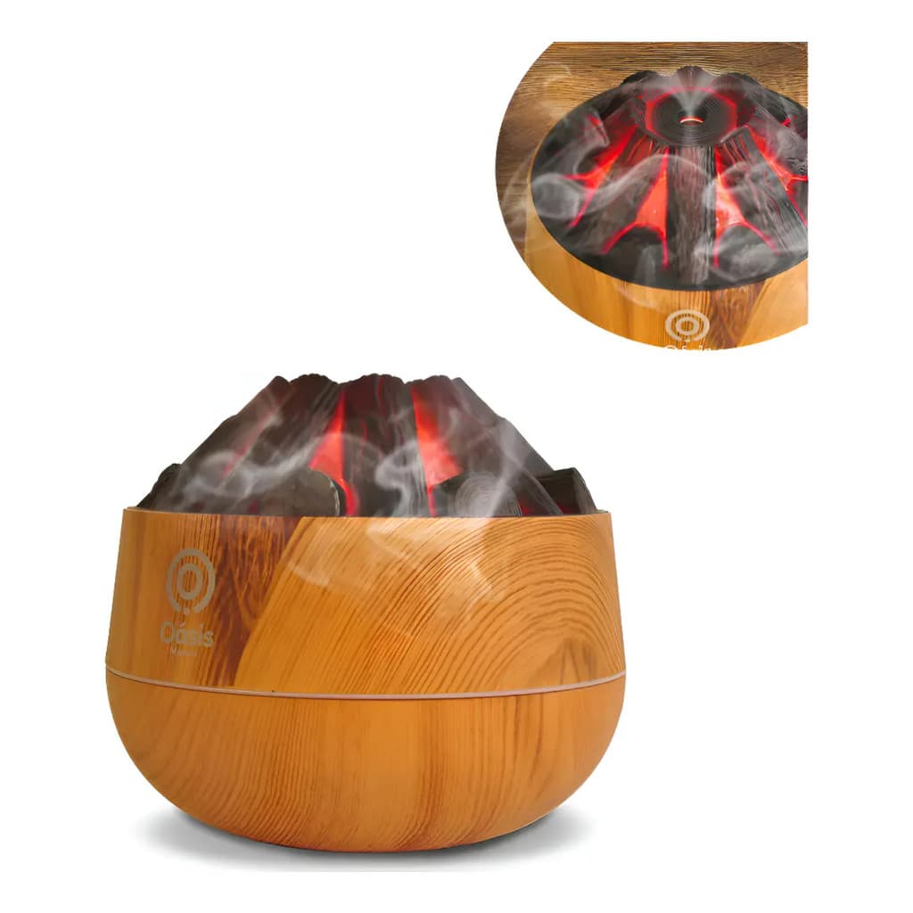 Umidificador Difusor De Aromas Bivolt Lareira Vulcânica Led Efeito Fogo Aromaterapia Compacto Madeira 300ml Original