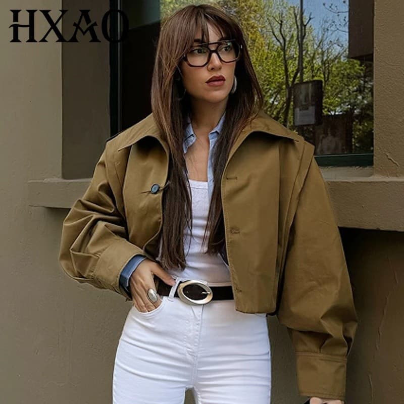 Jaquetas Femininas HXAO, Jaqueta Plissada Marrom, Primavera Verão 2025, Jaqueta Bomber Curta com Botões, Casacos de Mang