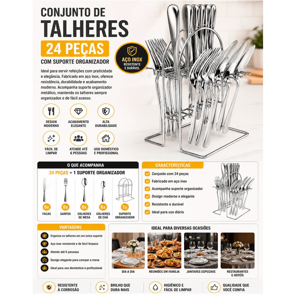 Conjunto Talheres 24 Peças Aço Inox com Suporte Organizador para 6 Pessoas Faqueiro Completo