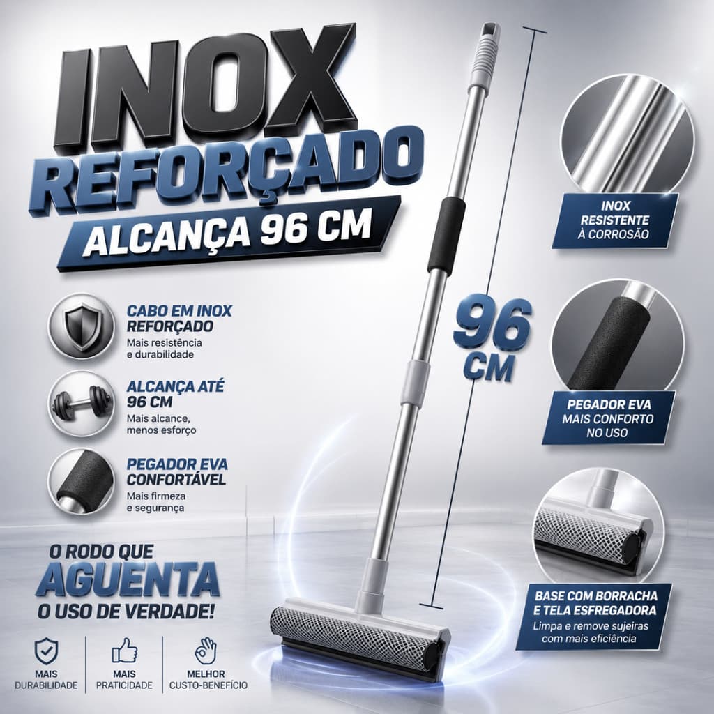 Rodo Limpa Vidro Inox Reforçado Cabo Extensível 96cm Janela