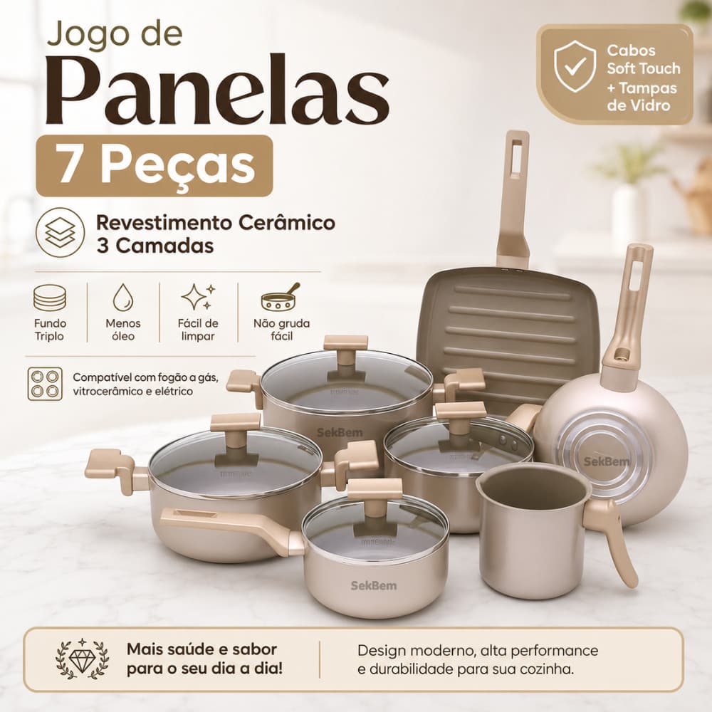 Jogo Panelas Antiaderente Revestimento Cerâmico 7 Peças Cor Champanhe