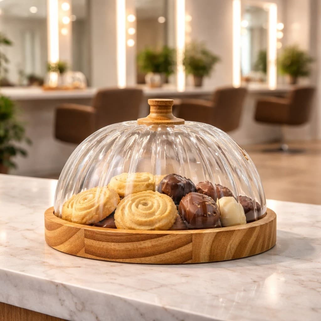 Porta Doces e Queijos Vidro Madeira Recepção Salão Spa 19cm