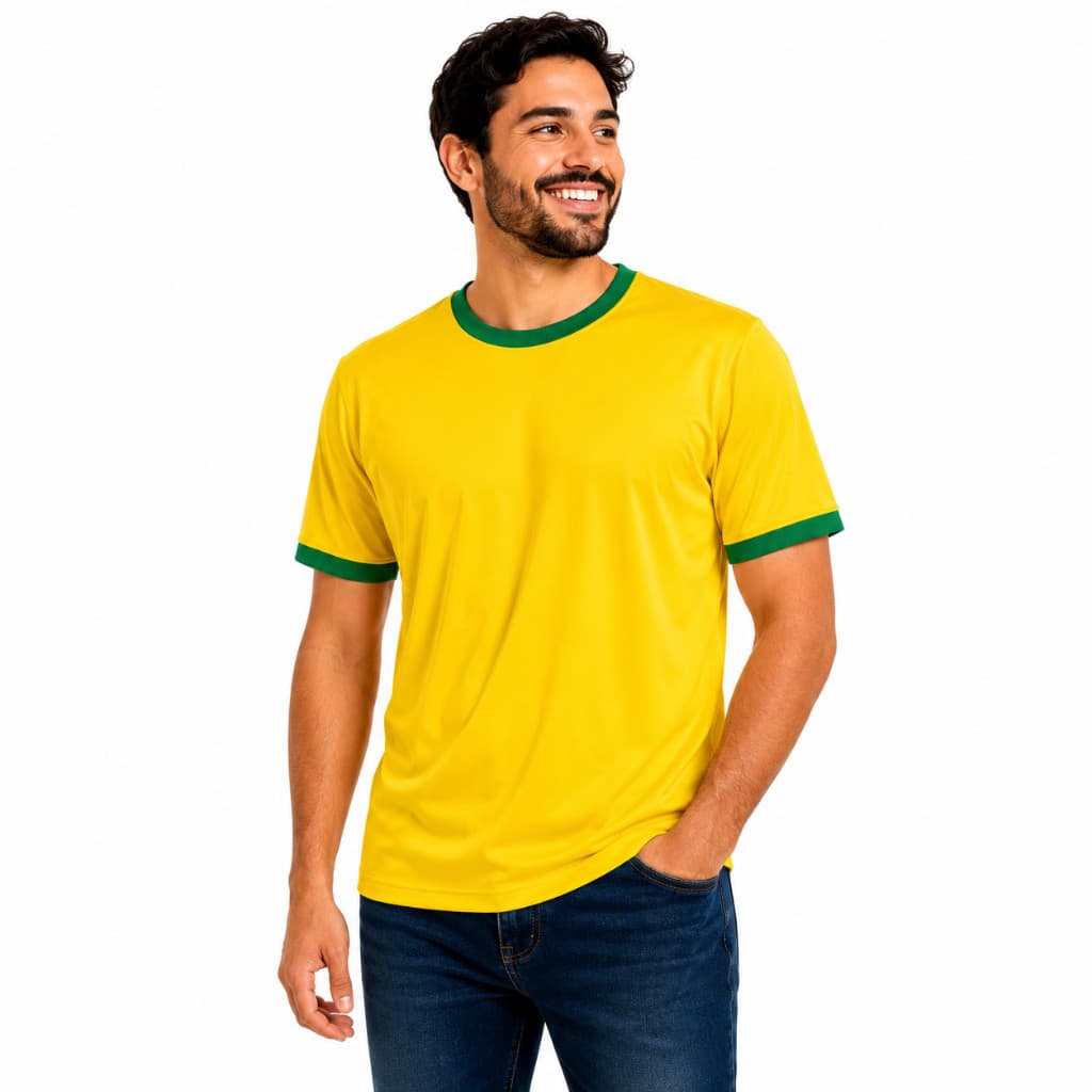 Camiseta Amarela Dry Fit Detalhes Verde Lisa Sem Estampa