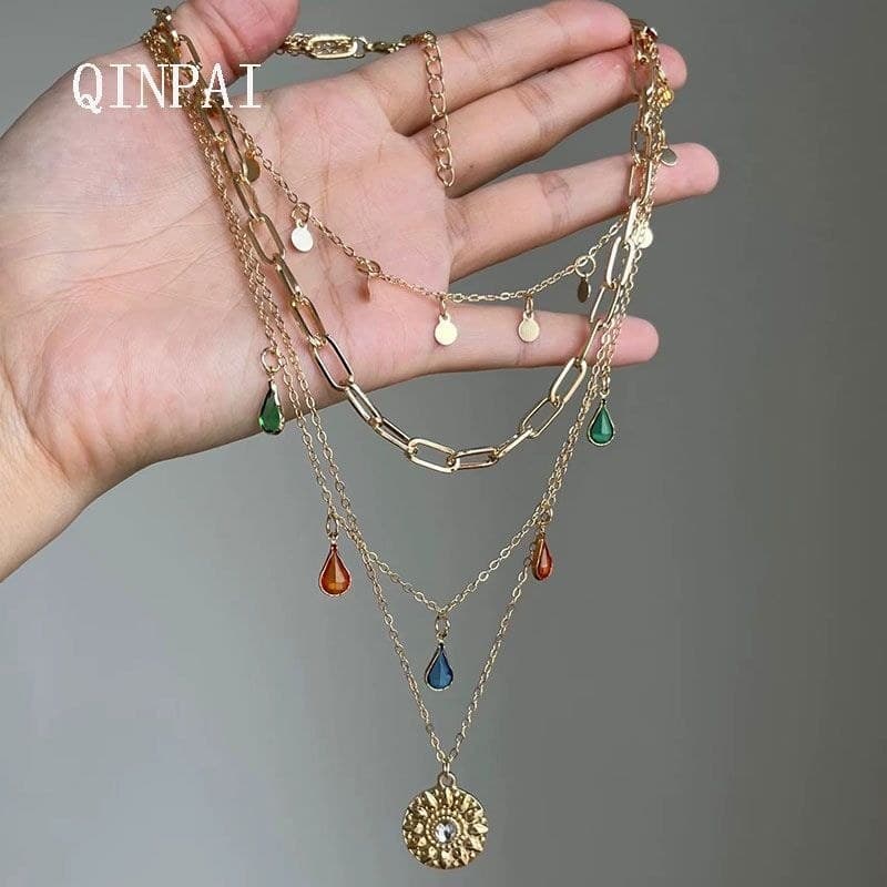 Qinpai Retro Multi-camadas colar feminino colorido tesouro gota de água girassol moeda de ouro nicho Design colar 7.26