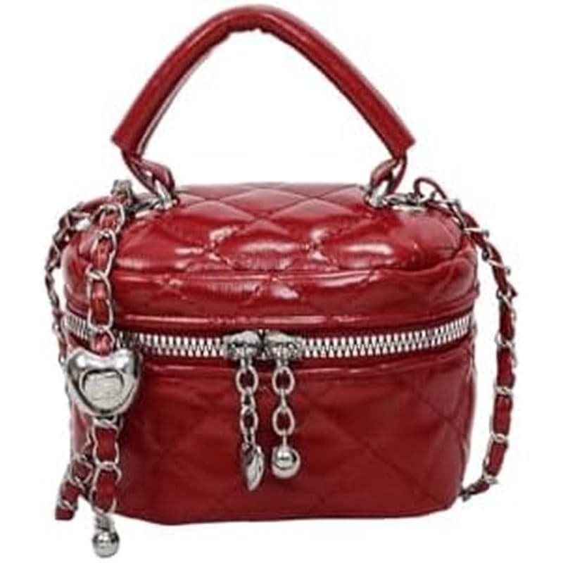 Mini Bolsa Crossbody Caixa , Metálica Acolchoada Prateada Com Alça De Corrente , Superior & amp ; Amuleto De Coração , E