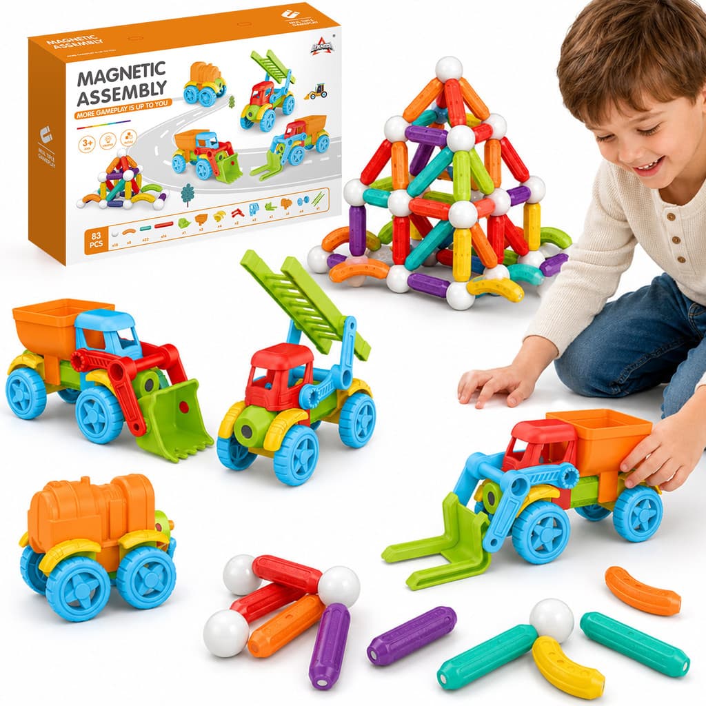 JogoJunto Blocos Magnéticos 83 Peças Construção 3D Barras Ímã STEM Brinquedo Educativo Infantil