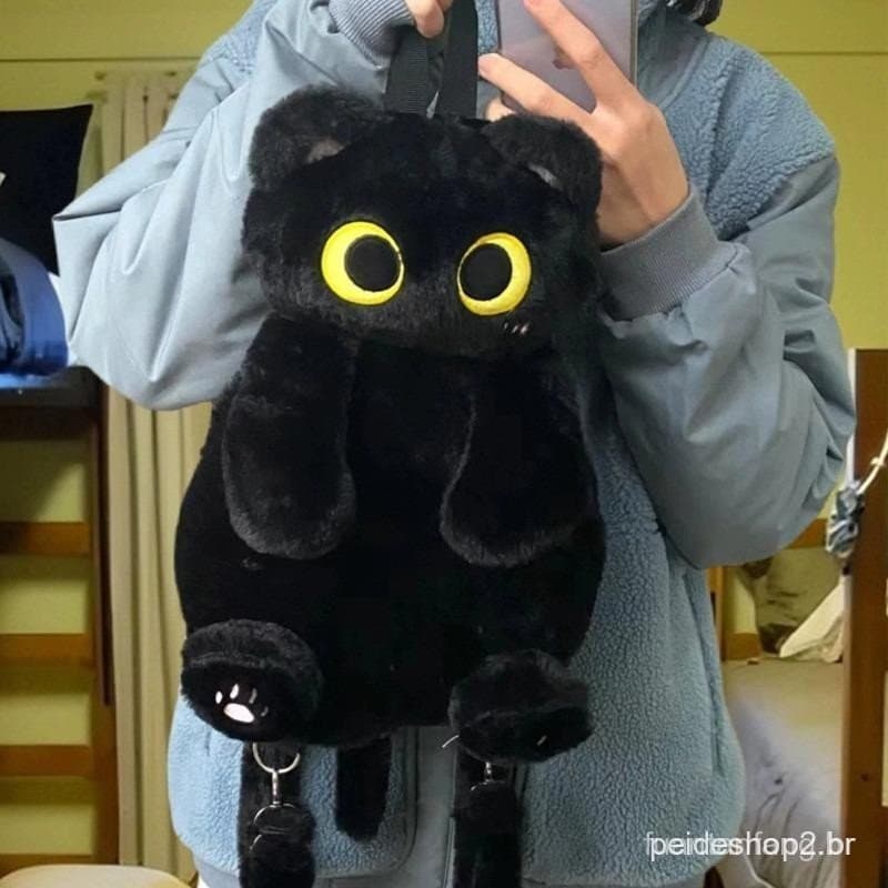 Mochila de Brinquedo de Pelúcia de Gato com Olhos Grandes, Bolsa Animal de Grande Capacidade para Meninos e Meninas