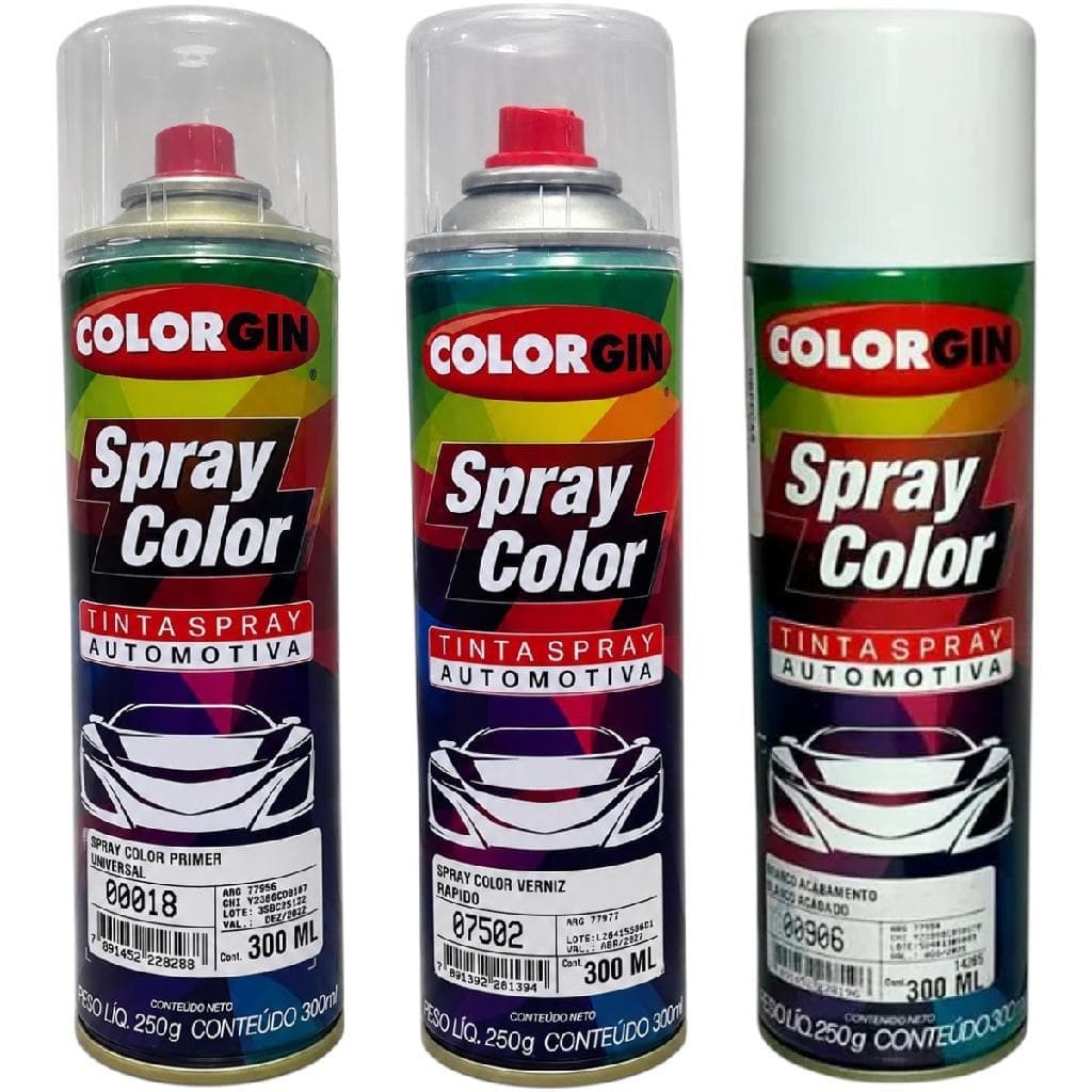 Kit Tinta Spray Automotiva Branco Acabamento + Primer Universal + Verniz 300ml