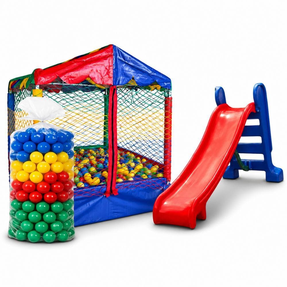 Piscina De Bolinhas 1,00m + 500 Bolinhas Coloridas + Escorregador Médio 3 Degraus Infantil