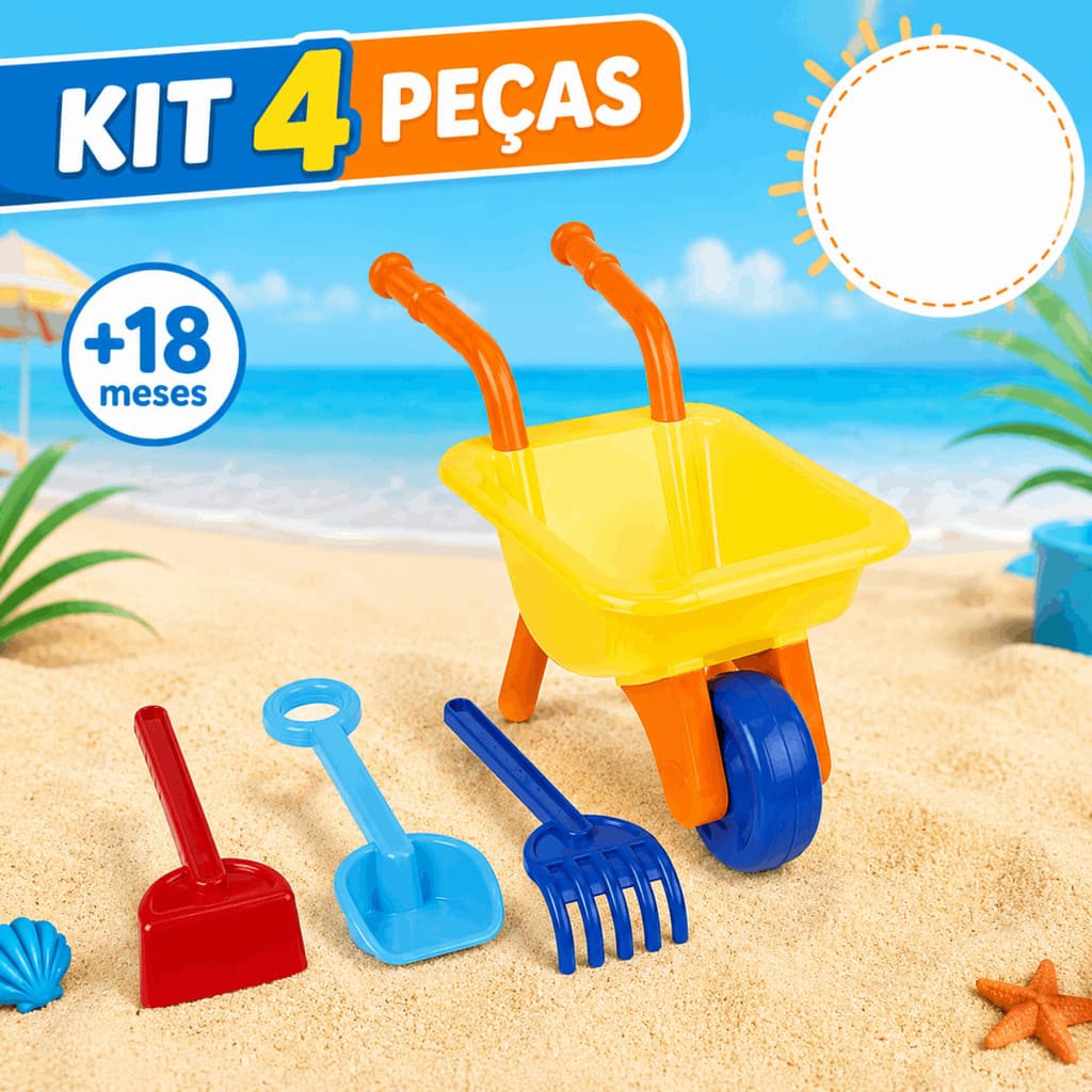Carriola Infantil de Praia com Pá Rastelo e Enxada Kit Brinquedo para Areia Parque e Quintal Tilin