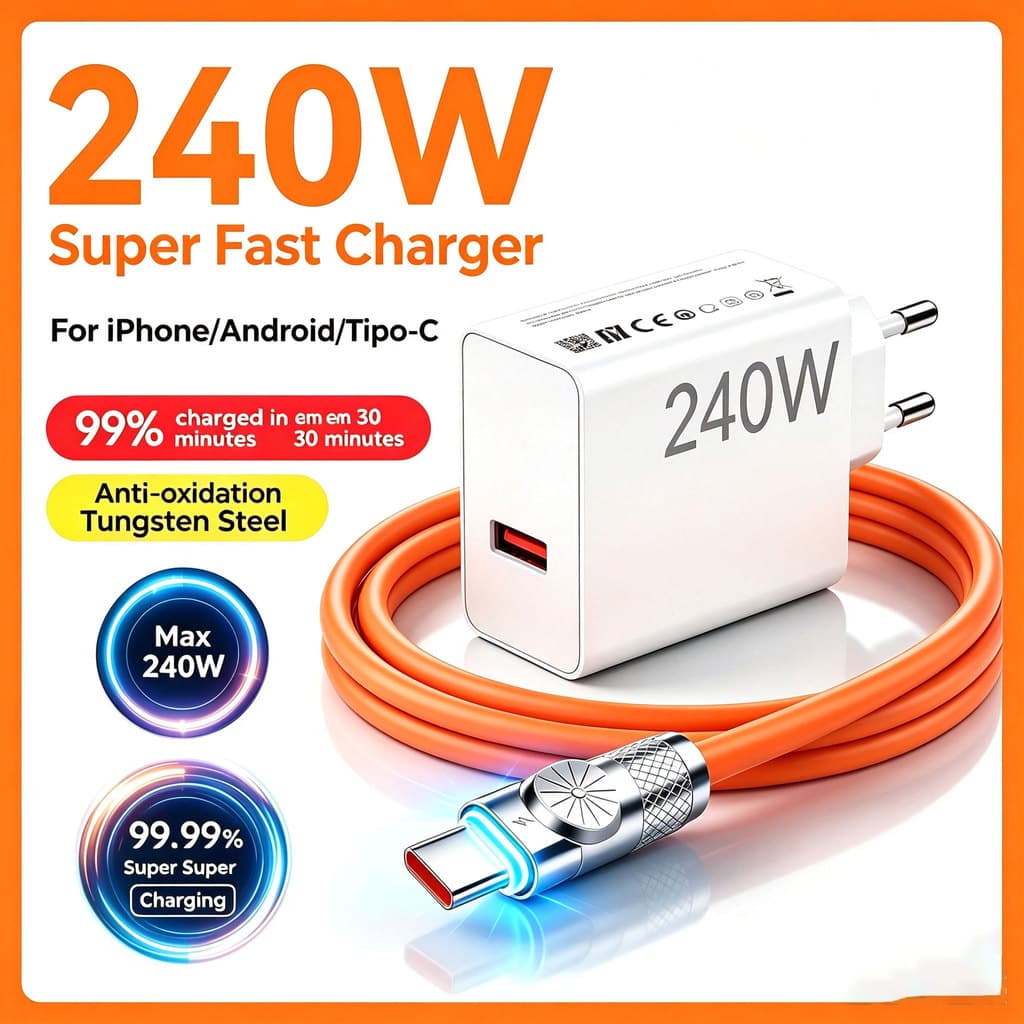Carregador Rápido De 240 W Com Cabo USB C 6A 1 M Para Mi Turbo Charge Power + Tipo IOS Micro V8 Resistente ao Desgaste