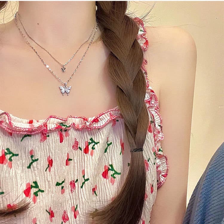 Novo estilo piscando diamante dupla borboleta pingente clavícula corrente feminino nicho luz luxo All-Match colar Design