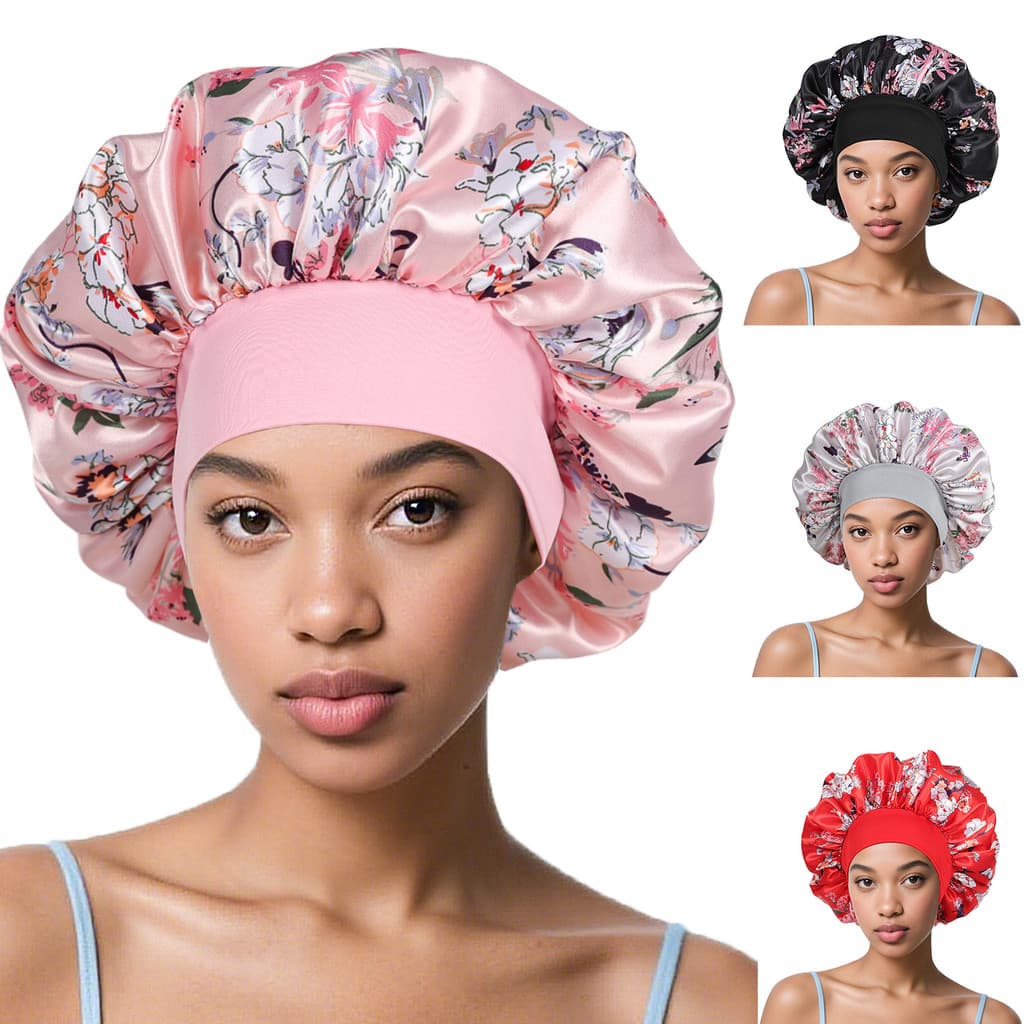 [Estoque pronto] Novo estilo impresso Nightcap moda aba larga elástico cuidados com o cabelo boné redondo de cetim wjg