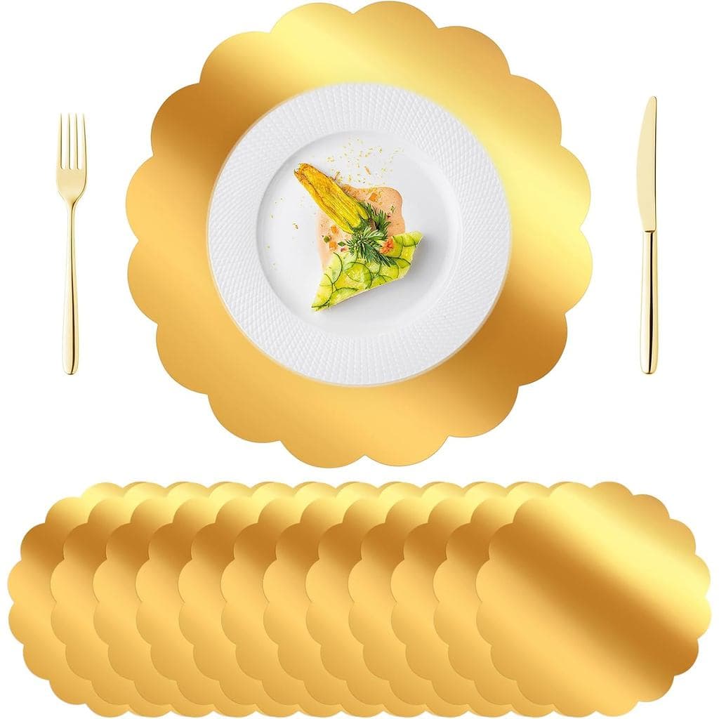 DI QIU REN 100 Unidades de Sousplats Dourados com Borda Ondulada, Sousplats de Papel Descartáveis de 13,5" para Mesa de