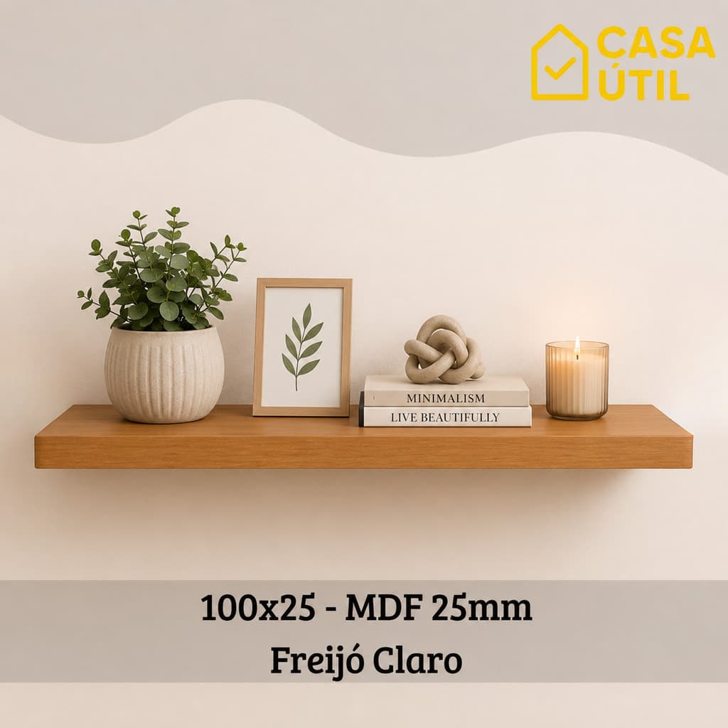 Prateleira Flutuante 100x25 cm MDF 25mm Freijó com Suporte Invisível Sala, Cozinha e Quarto