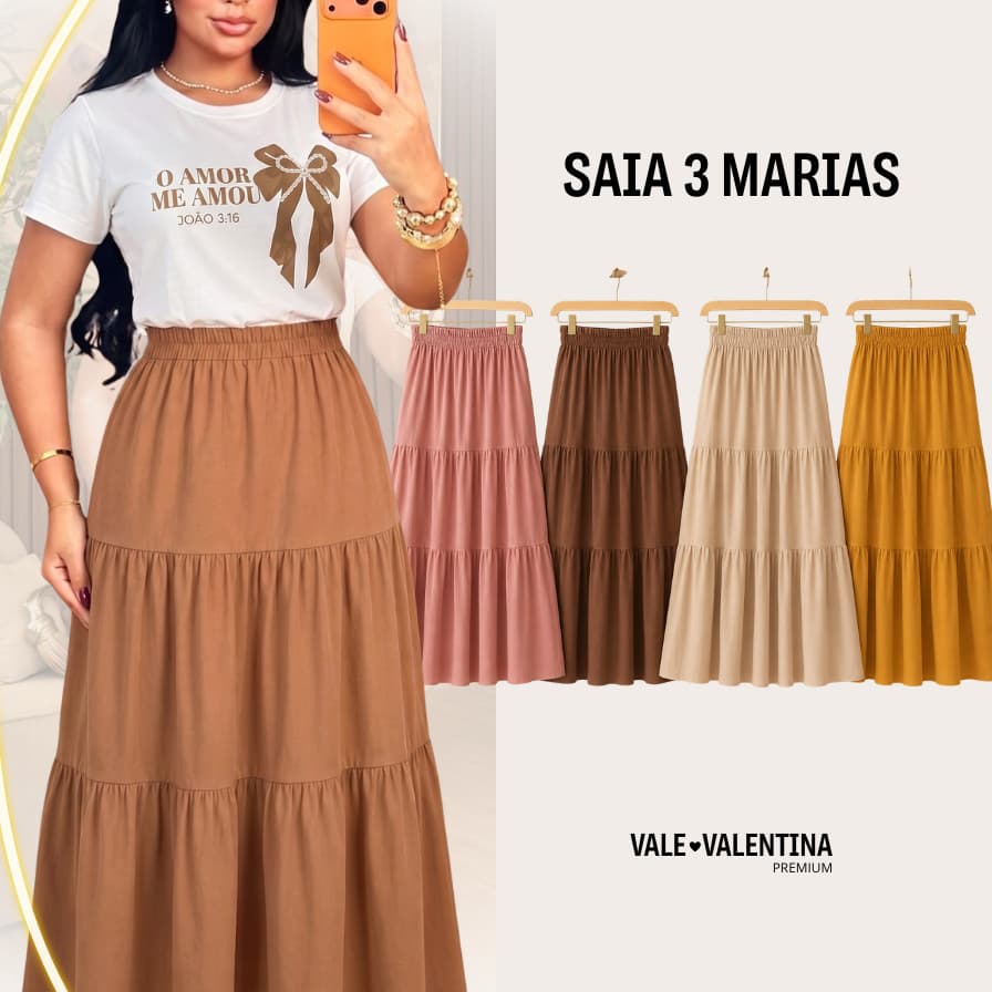 Saia Longa 3 Marias Feminina Alfaiataria Moda Evangélica Elegante Social Cintura Alta Igreja