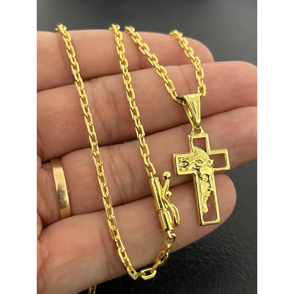 Corrente Masculina Cadeado 2mm 70cm Com Cruz Face de Cristo Banhados a Ouro