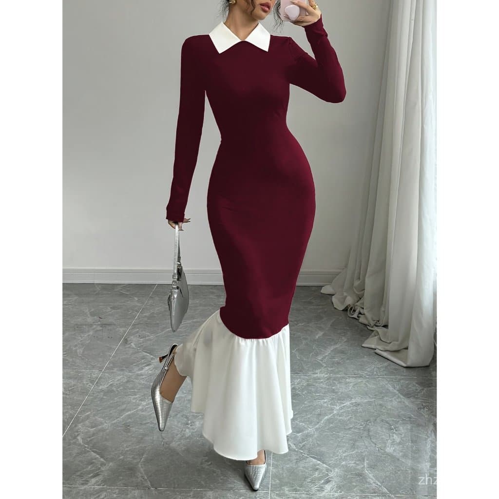 Vestido Vermelho Vinho Elegante com Cauda de Peixe |     Colarinho Branco Vintage com Ajuste Curvo Aprimorado