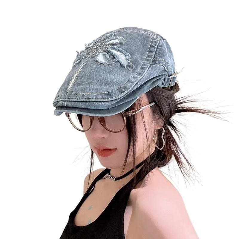 Novas Mulheres Retro Cowboy Boina Primavera E Verão Estilo Britânico Senhora Moda Algodão Denim Flores Apontou Boné Femi