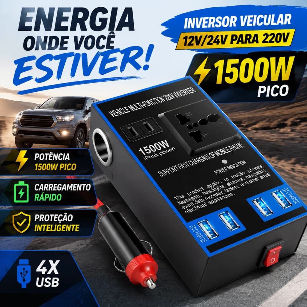 Inversor Veicular 12V/24V para 220V 1500W Pico com 4 USB Carregamento Rápido