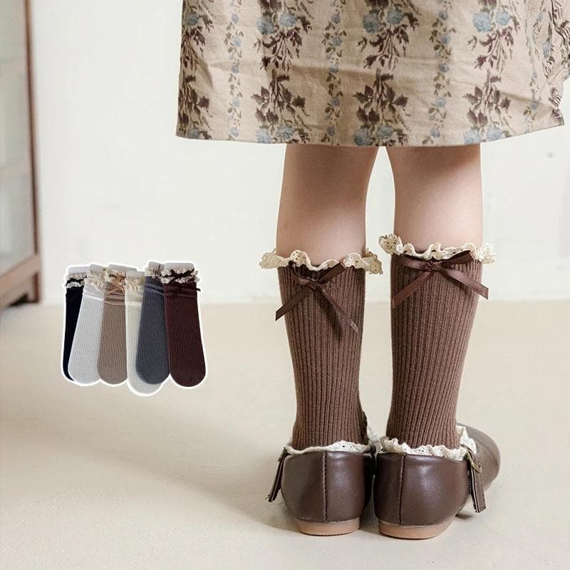 6 Pares Outono Crianças Meia Para Menina Retro Rendas Plissado Arco Bezerro Algodão Macio Pilha Meias Escolares