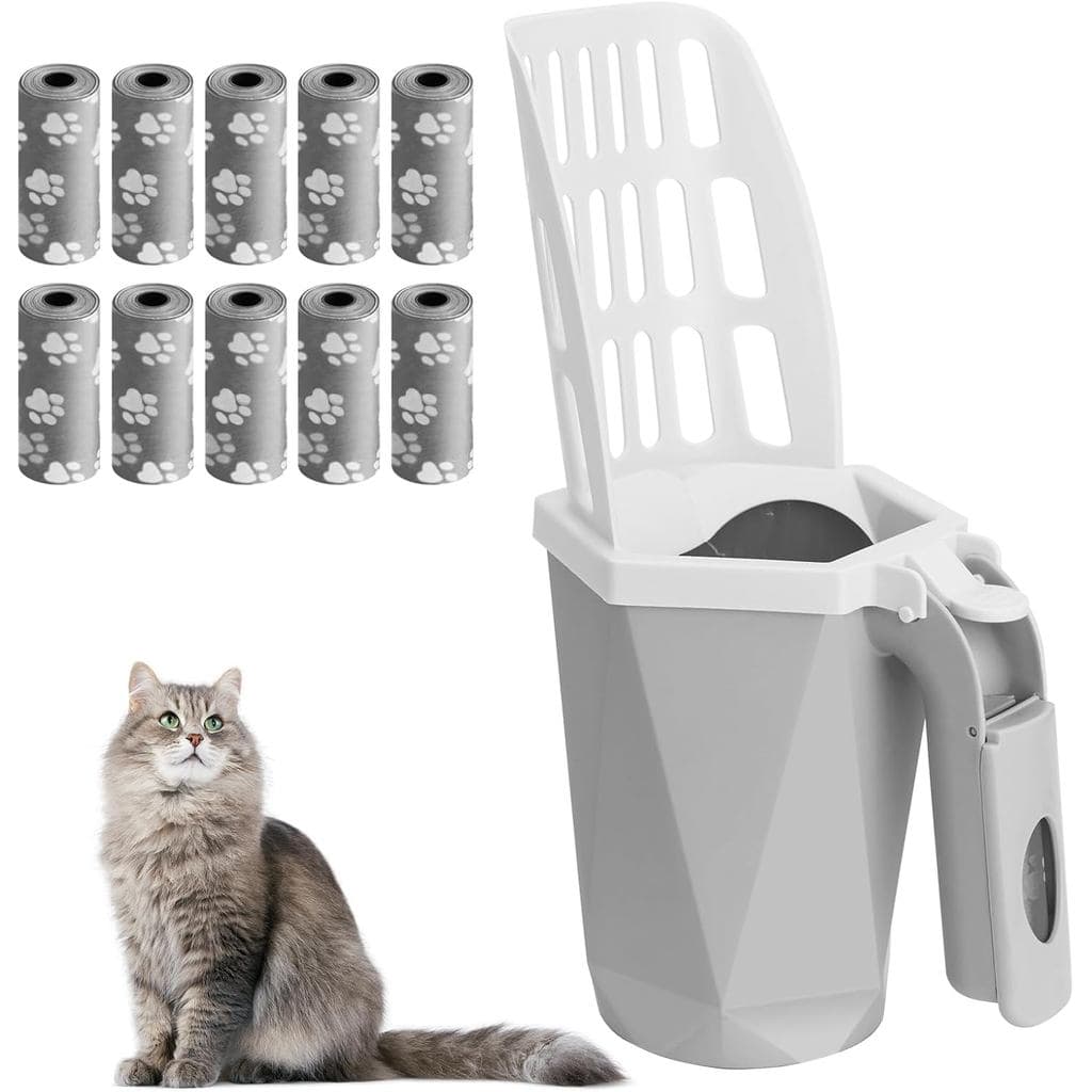 Pá para Areia de Gato com Suporte, Pá para Areia de Gato com Recipiente para Resíduos e 150 Sacos de Reposição, Pá Grand