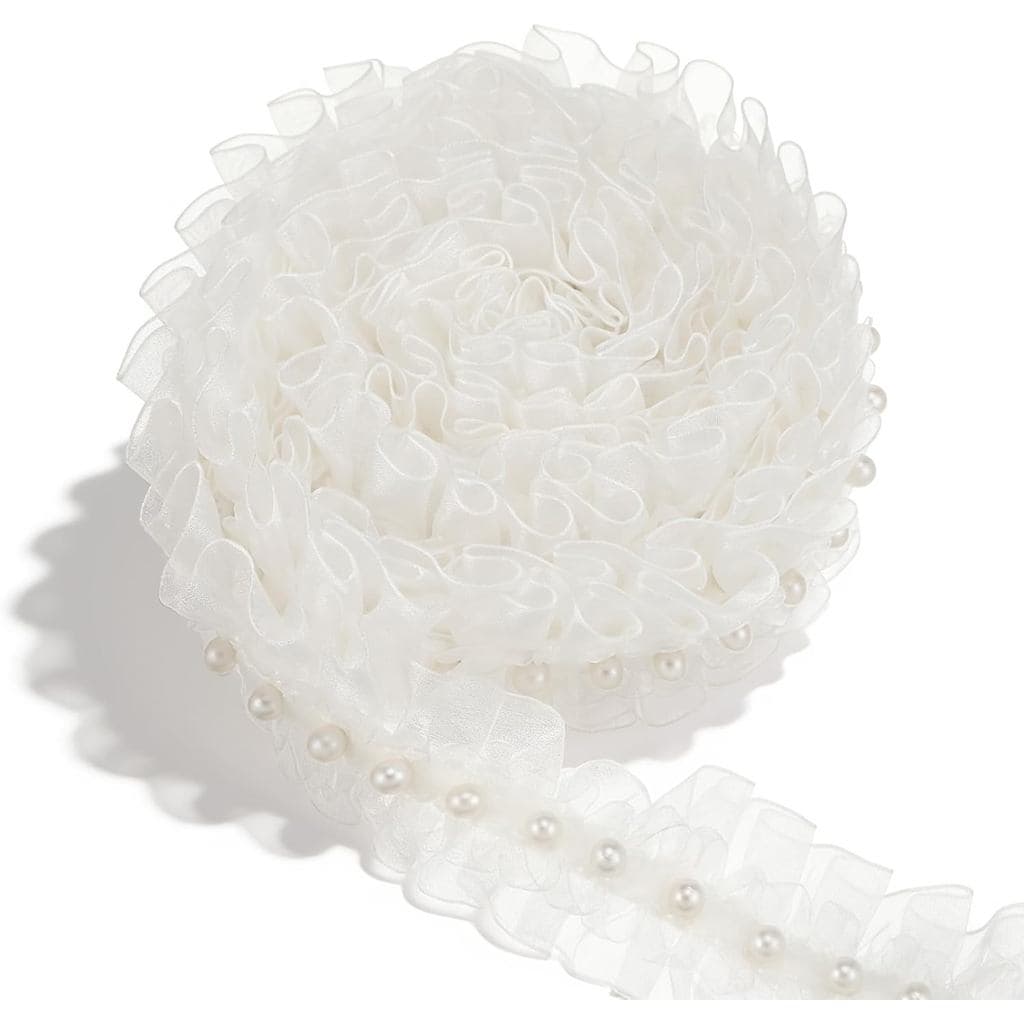 Fita de Renda Branca de 3 Jardas, 1,5 Polegadas, com Pérolas e Borda Plissada, Acabamento de Organza para Costura de Rou