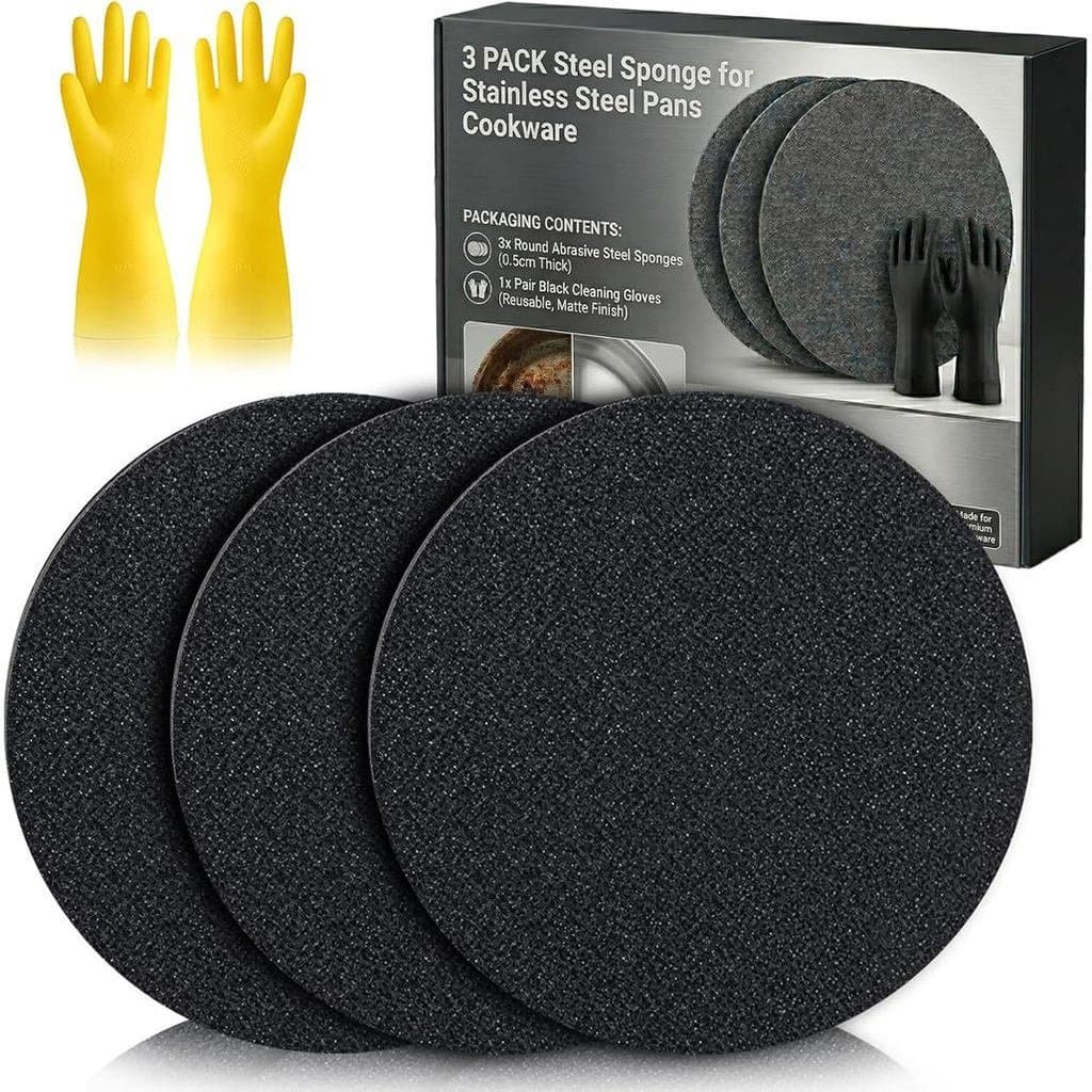 Pacote com 3 esponjas de aço coreanas, adequadas para utensílios de cozinha e panelas de aço inoxidável, recortadas, esp