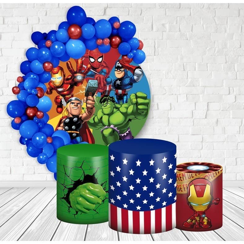 Kit Painel Redondo + Trio Capas Cilindro Veste Fácil com Elástico Vingadores Baby