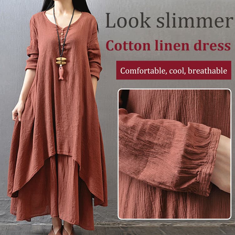 【Conforto Diário】[Estilo Casual] Vestido de algodão e linho/Mangas longas/Estilo solto/Vestido/Casual/Feminino