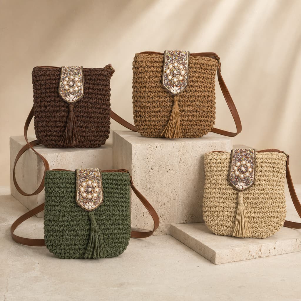 Bolsa Feminina Palha Sintética Transversal Pequena Artesanal Praia Verão ref.1187
