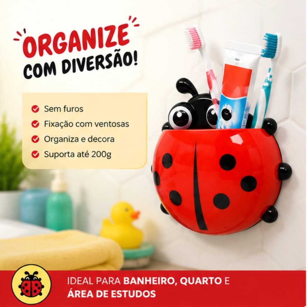 Porta Escova De Dente Joaninha Com Ventosas Organizador Banheiro Infantil Porta Acessórios Multiuso 15cm