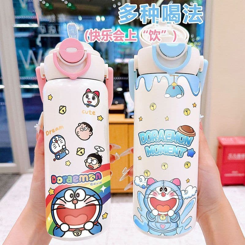 Doraemon copo portátil de grande capacidade, copo térmico esportivo para estudantes, copo de palha de aço inoxidável, co