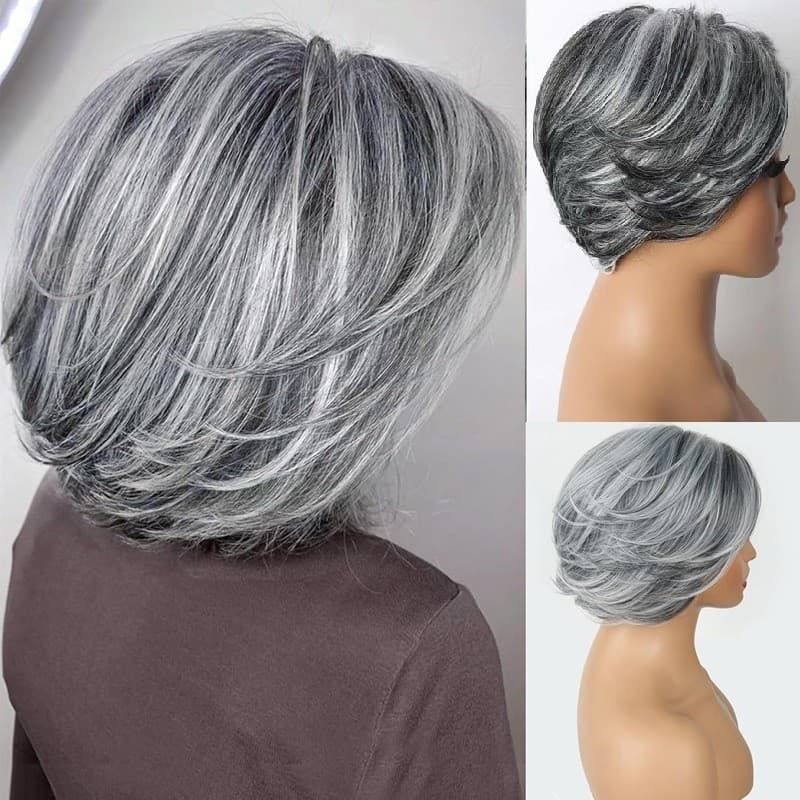Peruca de cabelo Real mecanismo de arnês completo curto cinza escuro cinza claro vovó cinza idosos comércio exterior cab