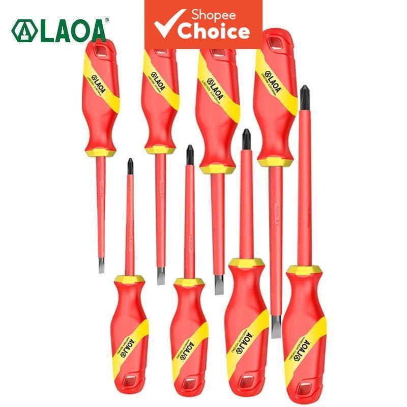 Um Conjunto De Chaves De Fenda Isoladas LAOA VDE Cruzadas E Planas Anti-Choque Para Eletricista Com Classificação De 100