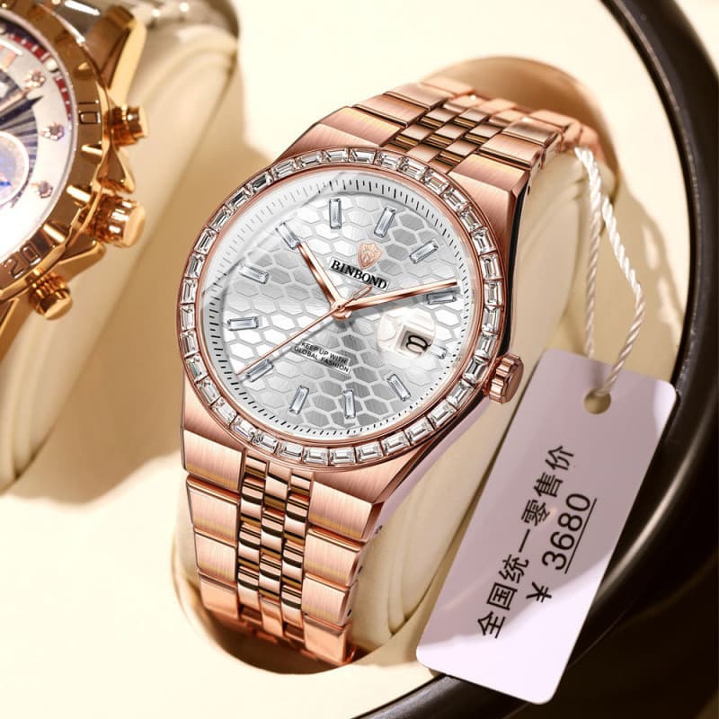 Relógio masculino de quartzo, mostrador branco, decoração de diamante, com Display de calendário, pulseira de aço inoxid