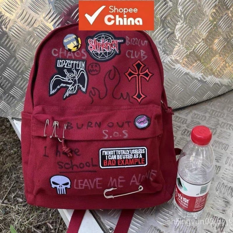 Mochila Estudantil de Grande Capacidade, Estilo Rock Punk Y2K, Vermelho Vinho, para Mulheres e Homens, Lazer D6M4 IYW7