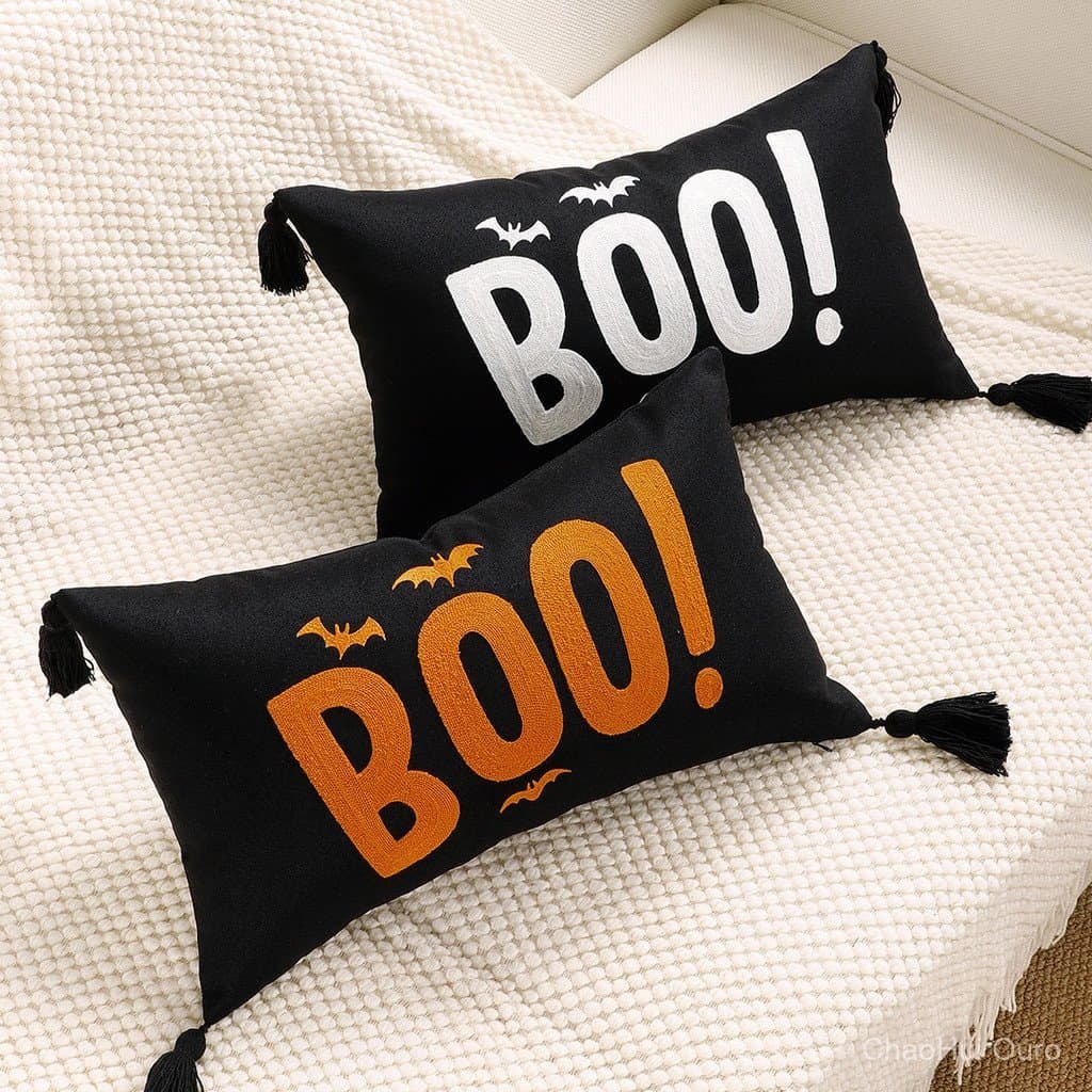 Halloween, fronha, bordado de morcego BOO, decoração de sofá