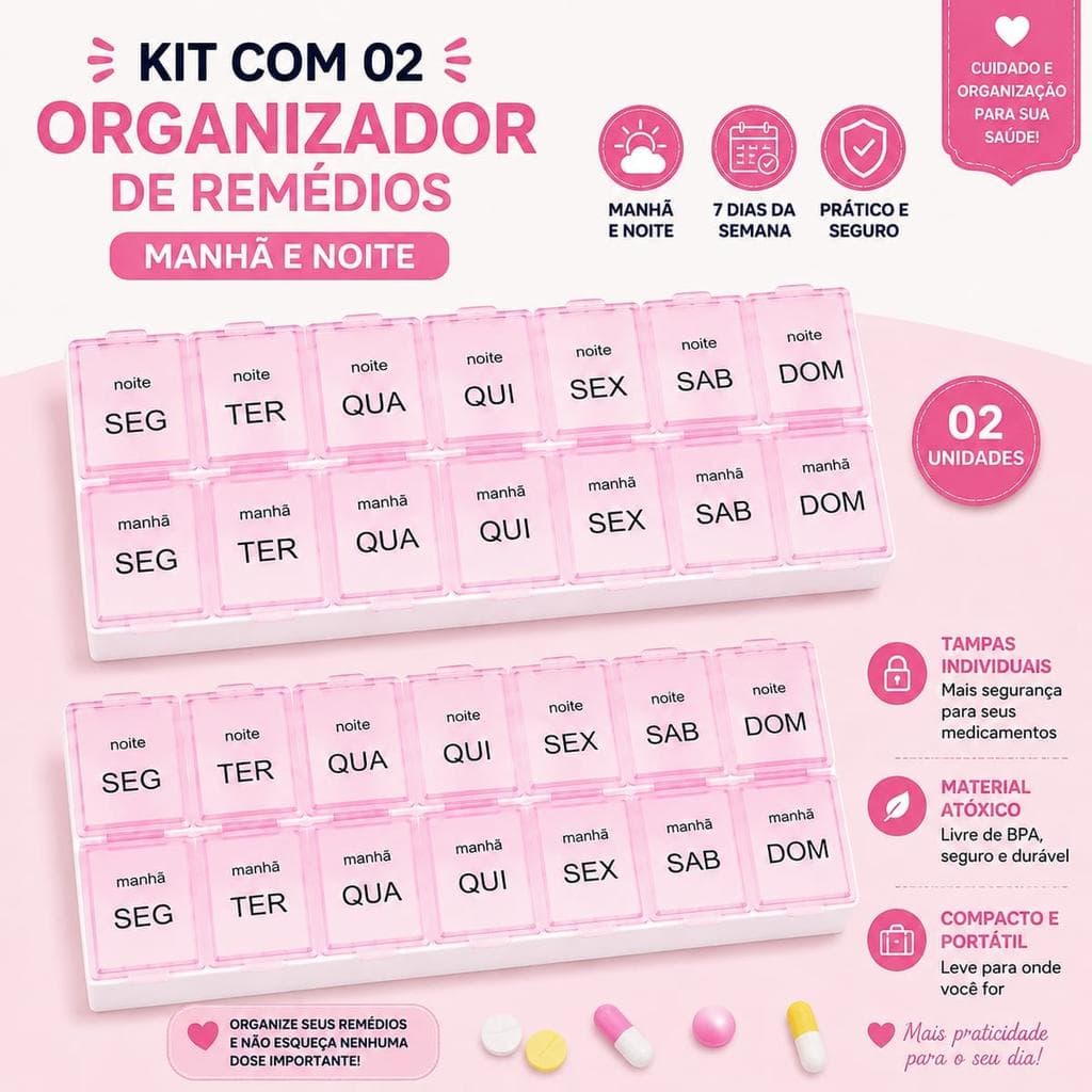 Kit Com 02 Organizador De Remedios Organizador Manha E Noite - Rosa