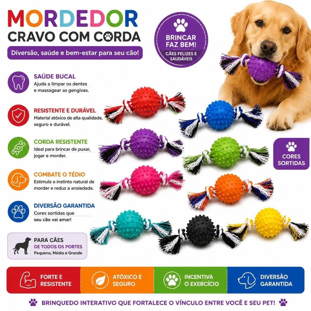Brinquedo Mordedor Cravo com Corda Sortidos para Cães - Resistente, Ideal para Cães Pequenos e Médios