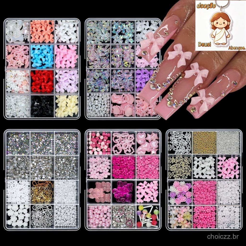 Caixa com 12 Enfeites de Unha em Resina com Laço 3D Coloridos Mistos para Decoração de Unhas e Ferramenta de Manicure