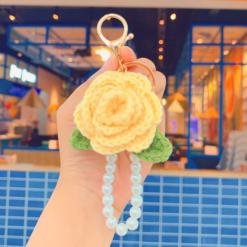 Chaveiro De Rosa De Crochê Feito À Mão , Bolsa De Flores De Malha , Pingente De Imitação De Pérola E Borla , Corte