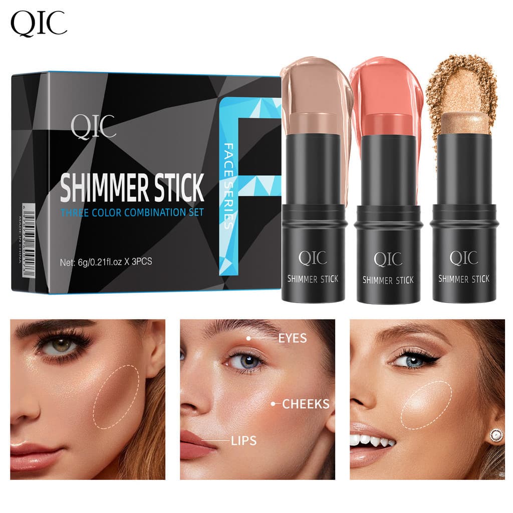 Cross-Border QIC alto brilho blush contorno vara conjunto de 3 peças caixa contorno Facial alto brilho vara blush creme