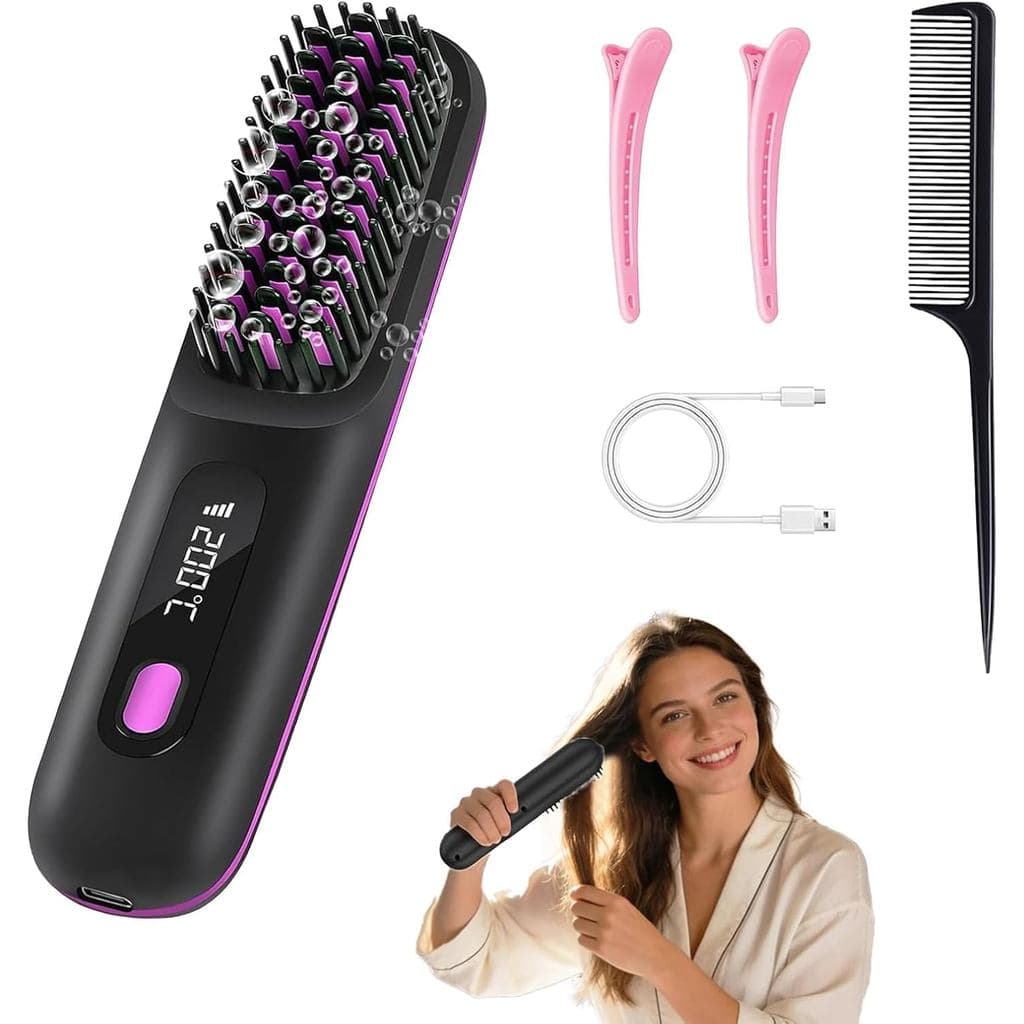 Escova Alisadora de Cabelo Sem Fio Go Brush Pro 2026, Alisador de Cabelo com Aquecimento Rápido e Display LCD de Tempera