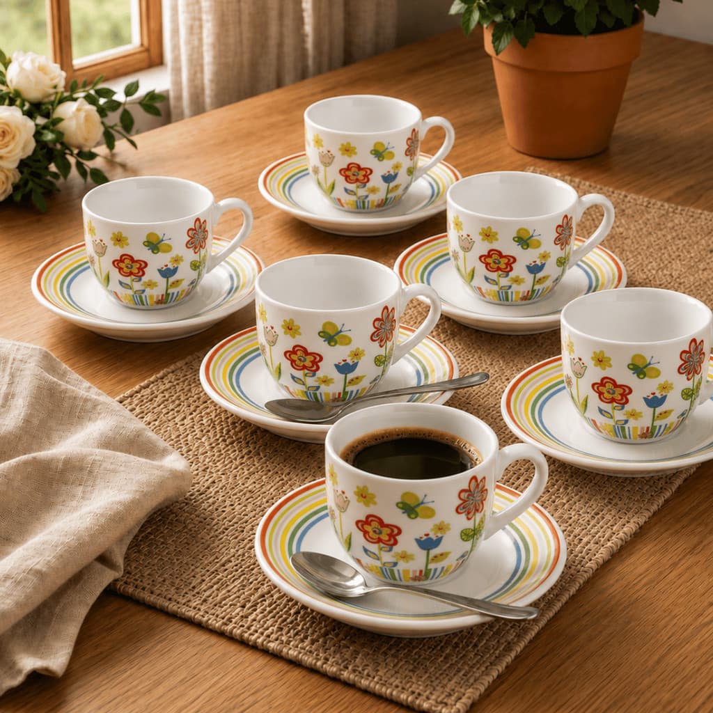 Jogo 6 Xícaras 60ml Porcelana com Pires Jardim - Yazi / Café e Chá / Cozinha / Elegante / Kit e Jogo