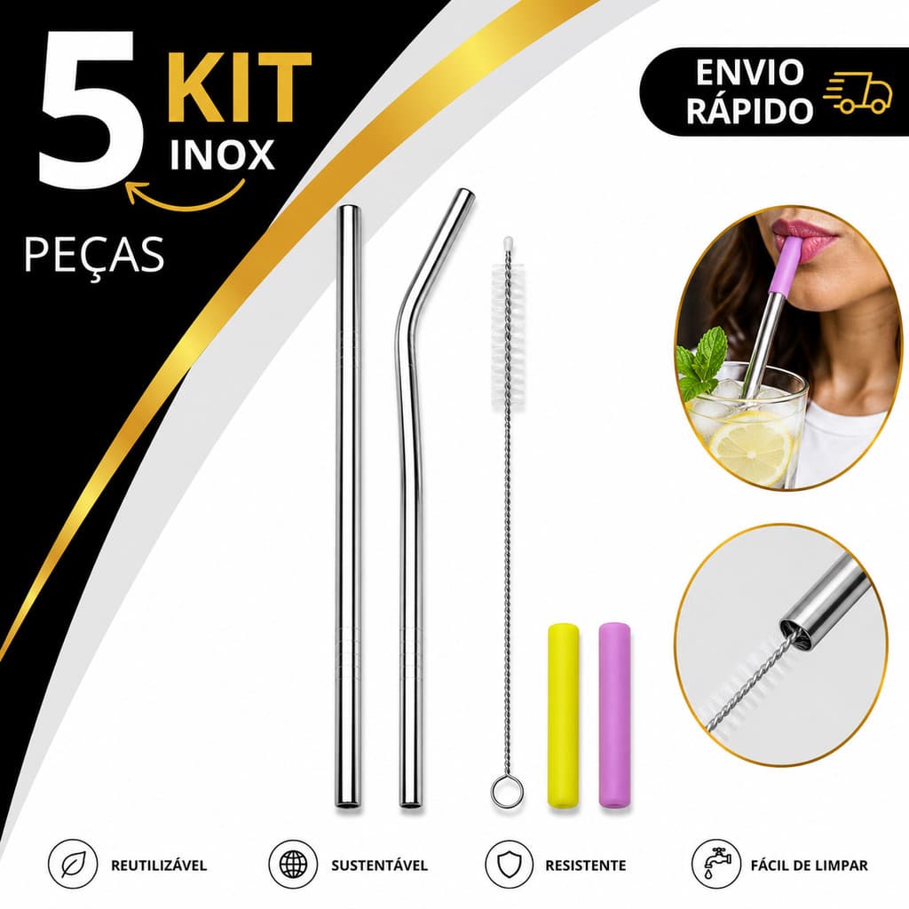 Kit 5 Peças Canudo Inox Reutilizável Reto Curvo Com Ponteira Silicone + Escova Limpeza