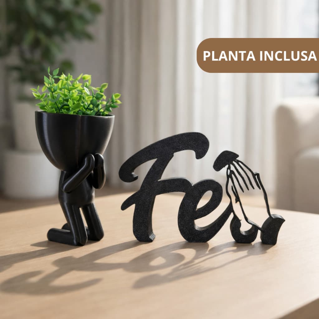 Kit Decorativo Fé Vaso Boneco Orando + Placa Fé Decoração Moderna Sala Quarto Presente Religioso